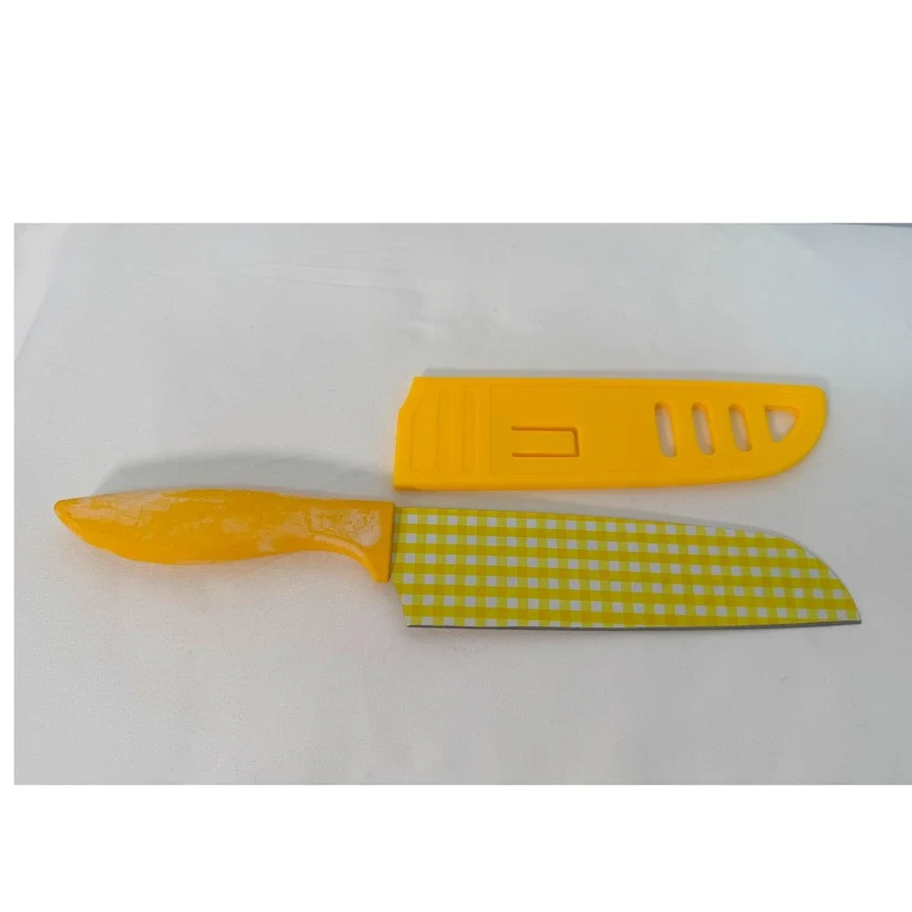 Tomodachi Santoku Knife Yellow Gingham Checkered Pattern Guard Sheath 105-13